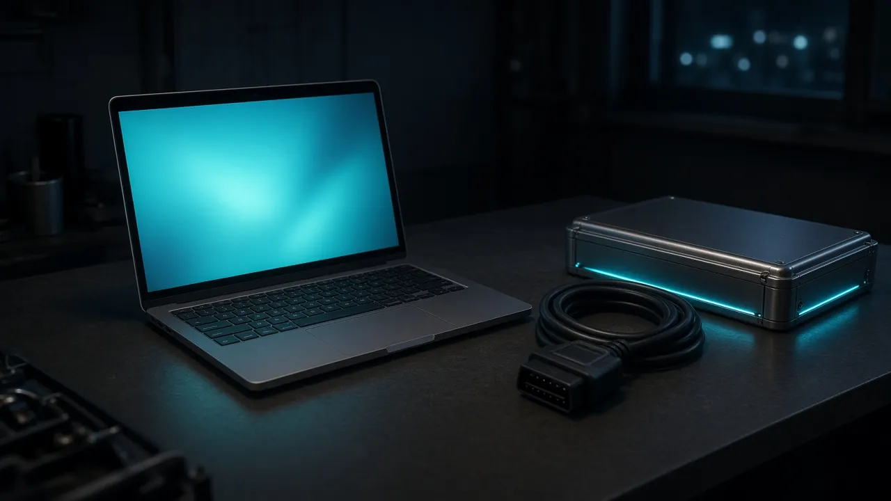 Dark chip-tuning workstation with a laptop glow and a diagnostic cable