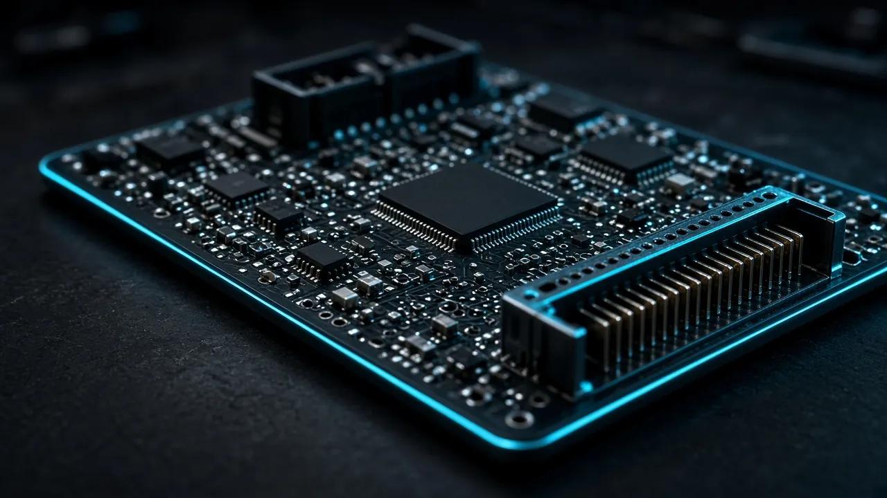 Close-up of an automotive ECU circuit board under cool cyan rim light