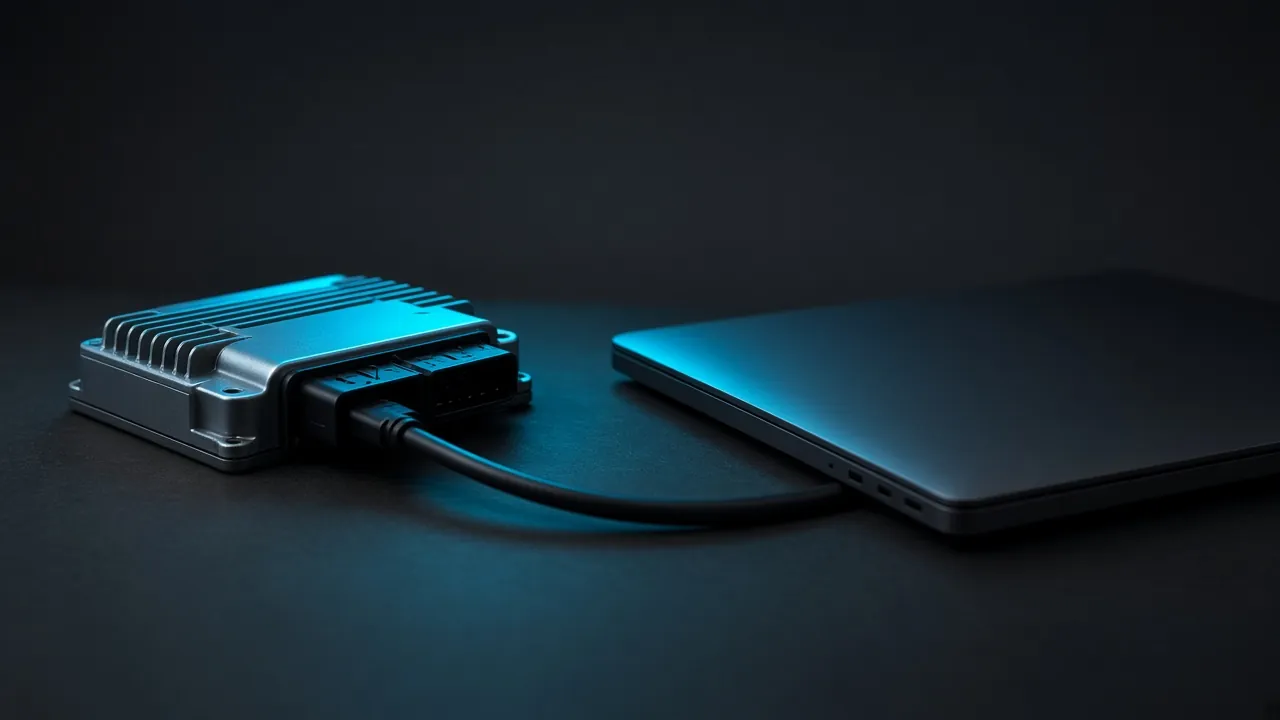 An engine control unit connected by cable to a laptop on a dark bench