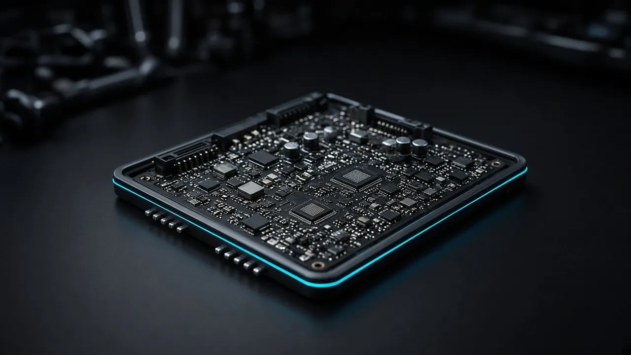 Engine control unit circuit board in a dark workshop, lit with a cyan edge