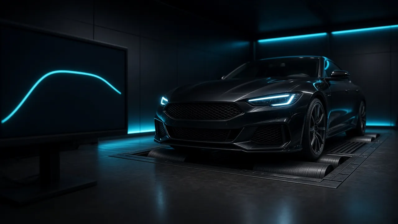 Car on a dyno in a dark cell, with a glowing power curve on a monitor