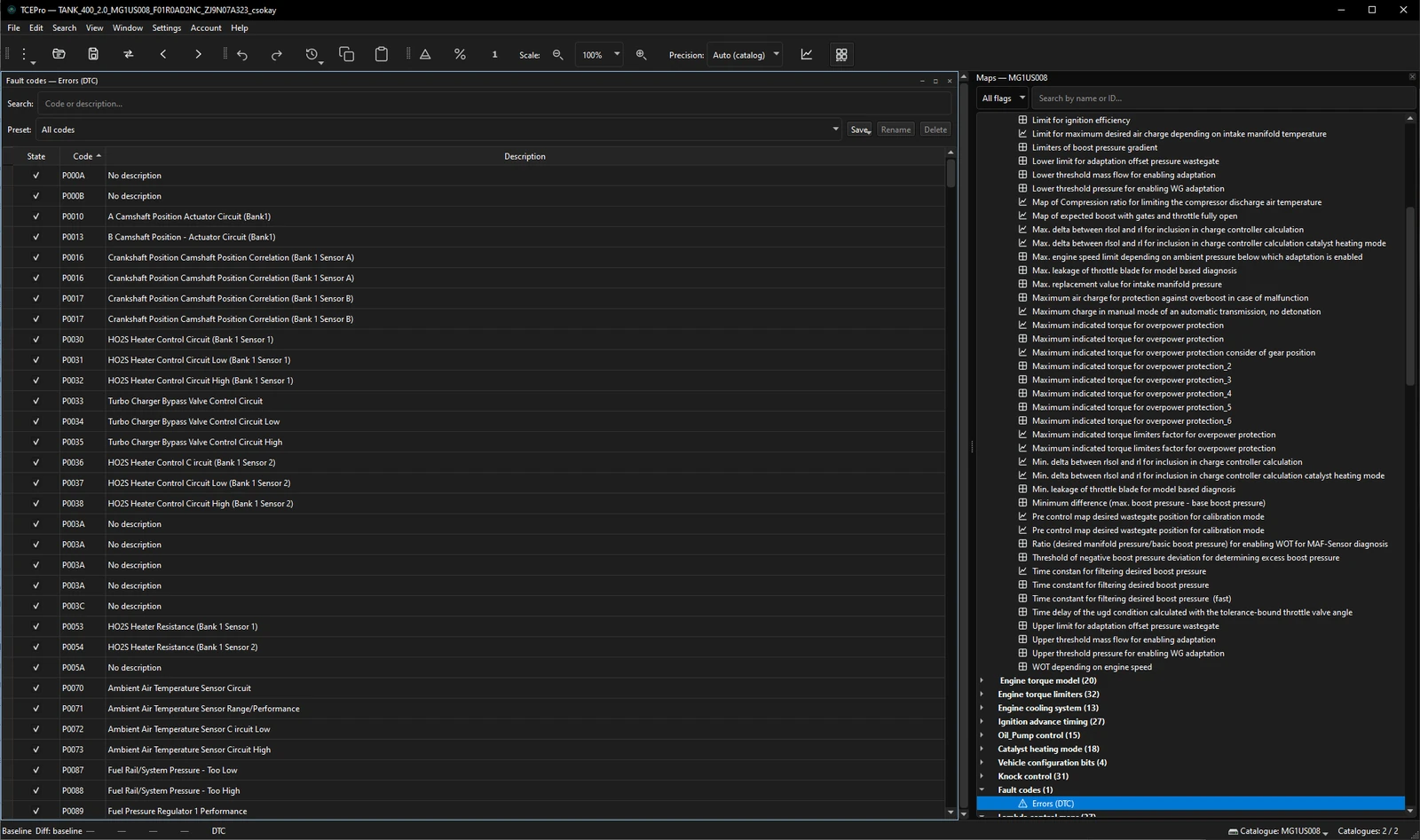 TCEPro fault-code view: diagnostic trouble codes on the left and the map tree with Errors (DTC) selected