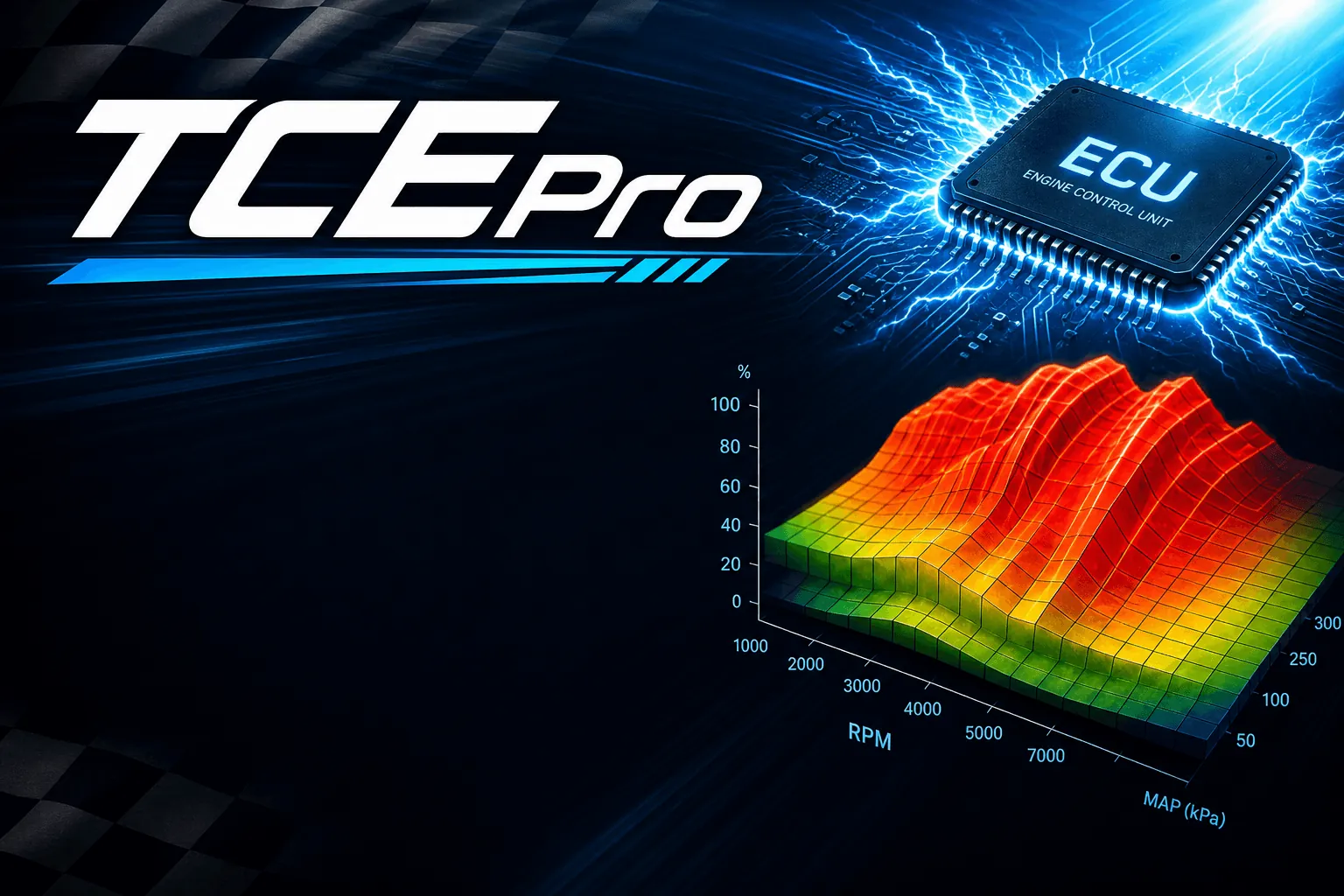 TCEPro banner showing an ECU chip and a three-dimensional boost map across RPM and manifold pressure